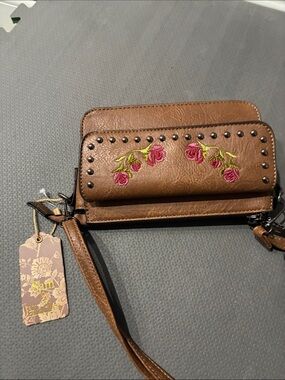 SAM. Brown Wristlet Clutch with Pink Floral Embroidery